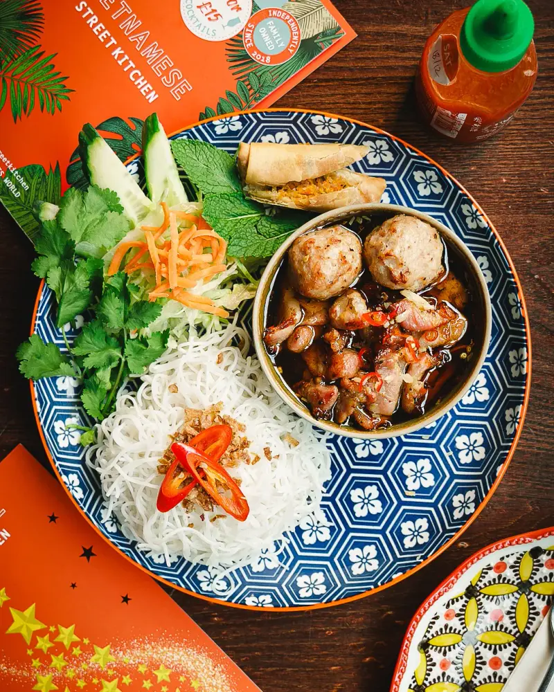 Bun Cha Hanoi — rice noodles, char-grilled pork, king prawn meatballs